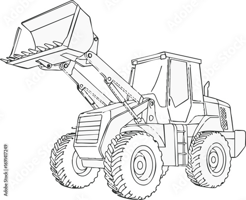 A black and white line art illustration of a powerful front-end loader, heavy construction equipment for earthmoving and material handling.