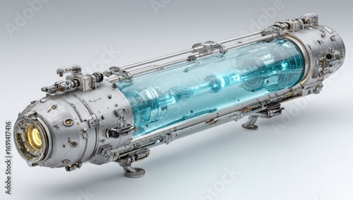 Cylindrical Tank with Bright Blue Liquid and Metal Fittings