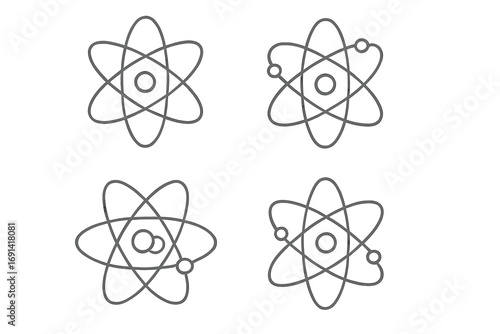 Atom icon set. Science symbol collection. Thin line vector illustration of physics and chemistry concepts like nucleus, electron, and particle. Editable stroke for web, apps.