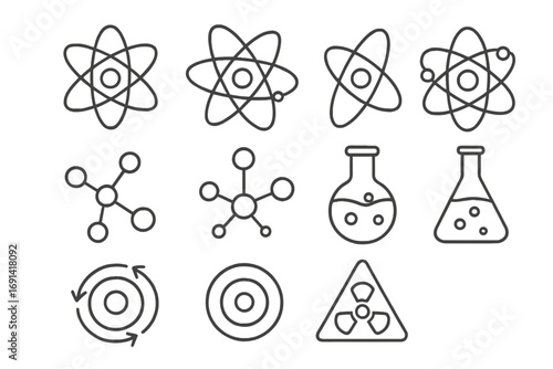 Science line icon set. Atom, molecule, laboratory flask symbols. Vector pack for chemistry, physics, research, nuclear energy, experiment. Outline scientific illustration.