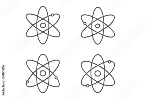Atom simple isolated line icons collection. Science symbol for physics, chemistry, and education. Nuclear energy, molecule, and particle concept. Vector illustration set.