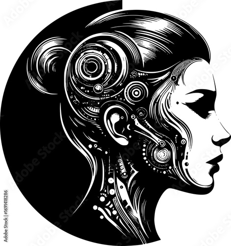 Minimalist black and white vector icon of a woman in cyborg style, clean lines, modern, scalable, perfect for stickers, logos, or digital use.