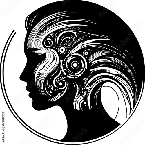 Minimalist black and white vector icon of a woman in cyborg style, clean lines, modern, scalable, perfect for stickers, logos, or digital use.