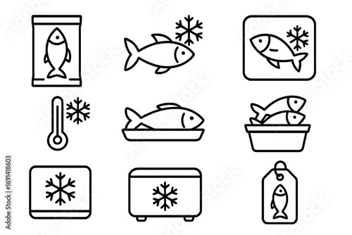 Frozen fish vector line icon set. Seafood packaging, freezer, cold storage, temperature signs. Outline pictogram collection for grocery store, fish market, food app and web.
