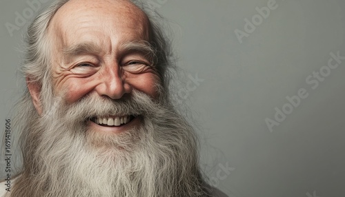 Elderly Man With A Lengthy Beard And Wide Grin Standing Against A White Background: A Portrait Of Joy And Wisdom.