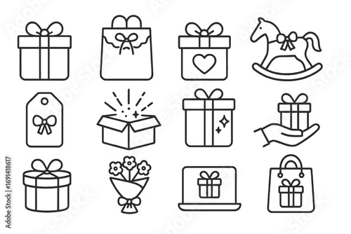 Gift box and presents thin line icon set. Vector outline symbols for birthday, christmas, valentine's day. Includes surprise box, online shopping, flowers, giving.