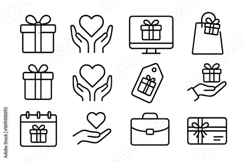 Gift and charity line icon set. Vector outline symbols for donation, presents, business gifts, holiday shopping, and love. For web, apps, graphic design, UI, and UX.