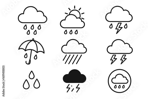 Weather line icon set vector collection. Rain, cloud, sun, storm, lightning bolt, umbrella outline symbols. Meteorology forecast graphic signs for web design, app and UI.