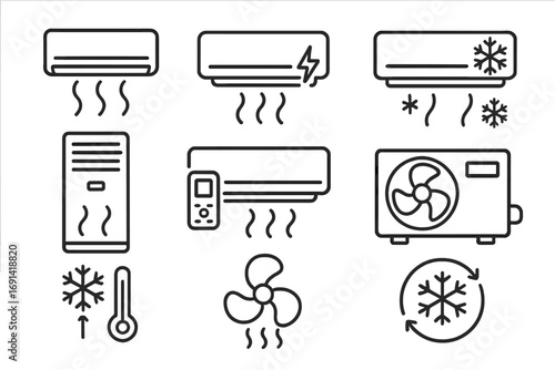 Air conditioner line icon set. Cooling, ventilation, and climate control symbols. HVAC system pictograms for web and graphic design. Vector outline illustration of conditioner.