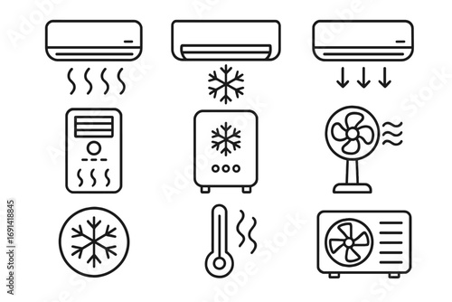 Air conditioner line icon set. Cooling system and climate control signs. HVAC, ventilation, fan, and temperature symbols for web and apps. Vector outline illustration pack.