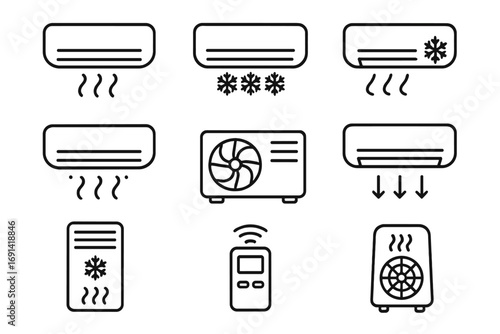 Air conditioner line icon set. HVAC, climate control pictogram collection. Cooling, heating, ventilation outline symbols. Split system, fan, remote control vector signs.