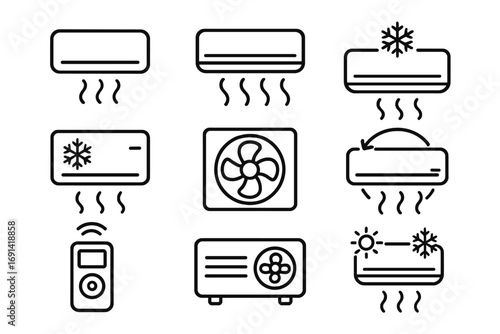 Air conditioner line icon pack. HVAC system pictograms for climate control. Set of cooling, heating, ventilation outline signs. Includes fan, remote, cold and heat symbols.