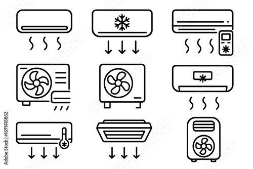 Air conditioner line icon set. HVAC, cooling and heating system outline pictograms. Climate control, ventilation, fan, split system and remote vector symbols for web design.