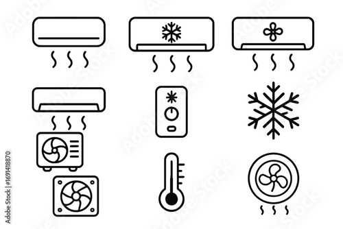Air conditioner line icon set. HVAC system, cooling and ventilation signs. Climate control equipment. Fan, snowflake, thermometer symbols. Vector outline pictogram for web and apps.
