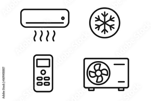 Air conditioner icon set outline style. Cooling system, climate control, hvac vector icons. Cold air, fan, remote, condenser, split system. Temperature regulation symbols.