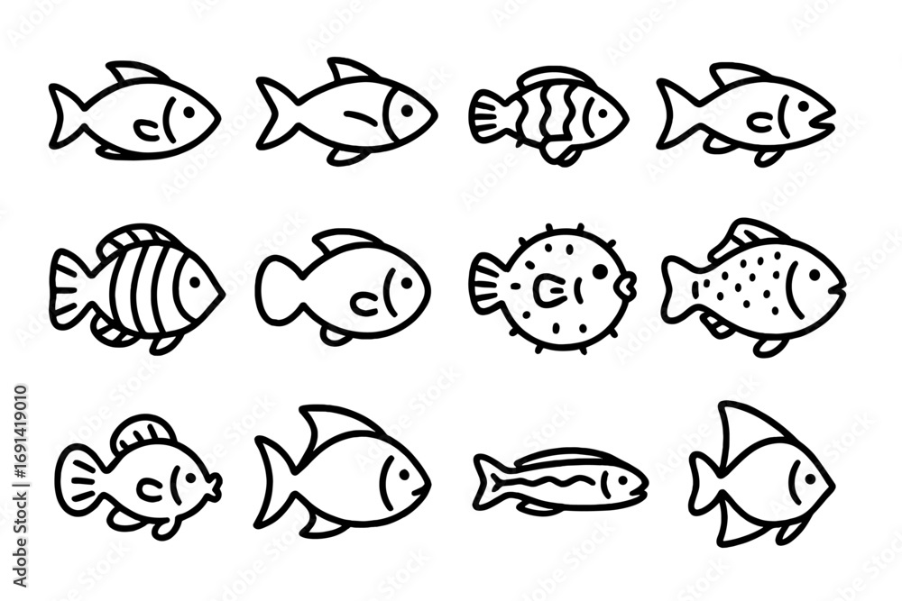 Naklejka premium Fish line icon collection. Set of simple outline signs for graphic design, web, apps. Aquatic animal pictogram. Marine life symbol. Seafood, fishing, aquarium vector elements.