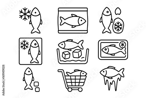 Frozen fish and seafood line icon set. Supermarket food packaging, storage, and defrosting icons. Fish market and grocery shopping vector outline pictogram collection.