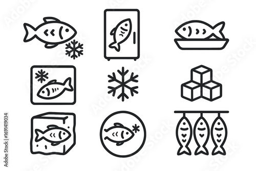 Frozen fish line icon collection. Seafood outline signs. Freezer, ice cube, snow, cold concepts for food packaging, market, app. Vector fresh product logo element set.