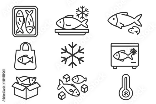 Frozen fish line icon set. Seafood outline signs for food packaging, web design, apps. Vector symbols for freezing, storage, delivery, supermarket, temperature control.