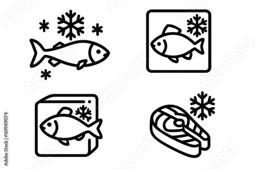 Frozen fish icon set. Seafood outline symbol collection. Cold food storage pictogram for packaging. Fresh fish steak freezer product sign. Fish market vector logo element.