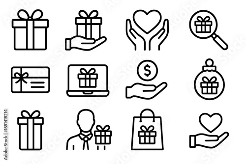 Gift, charity, donation line icon set. Present, giving, and holiday outline symbols collection. Pictograms for business, web design, apps, Christmas, birthday, and shopping.