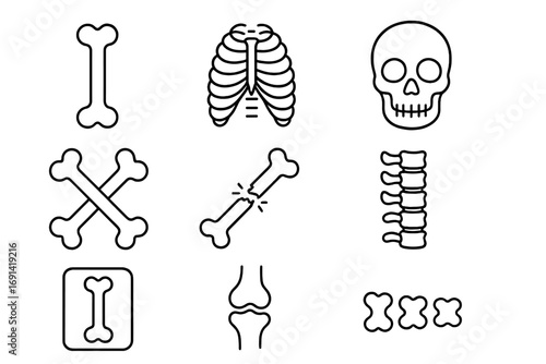 Bones and skeleton line icon set. Human anatomy, orthopedics concept. Vector icons of skull, rib cage, spine, joint, broken bone. For medical apps, UI, web. Editable stroke.