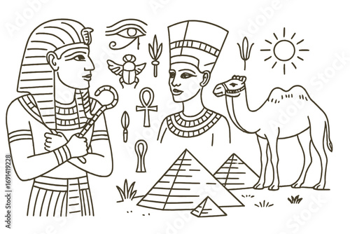 Ancient Egypt line art set. Vector cartoon illustration with pharaoh, queen Nefertiti, pyramids, camel, Eye of Horus, ankh, and scarab beetle symbols. Egyptian culture doodle collection.