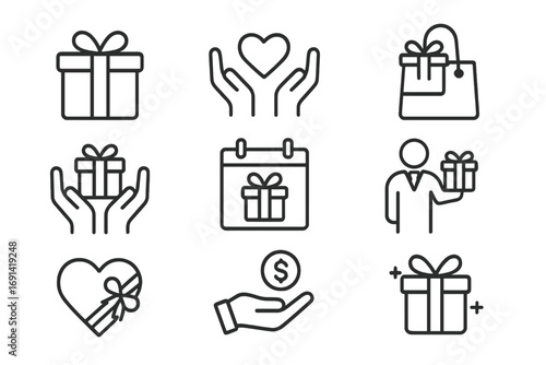 Gift and donation line icon set. Charity, present, and business reward symbols. Outline vector icons for loyalty program, bonus, love, support, giving and receiving.