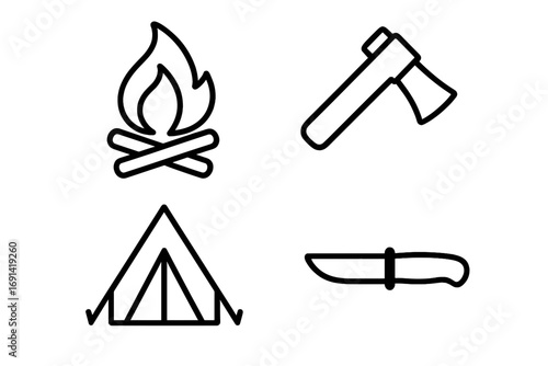 Camping and survival icon set with bonfire, axe, tent, and knife. Outdoor adventure and hiking concept. Simple line art vector illustration with editable stroke for design.