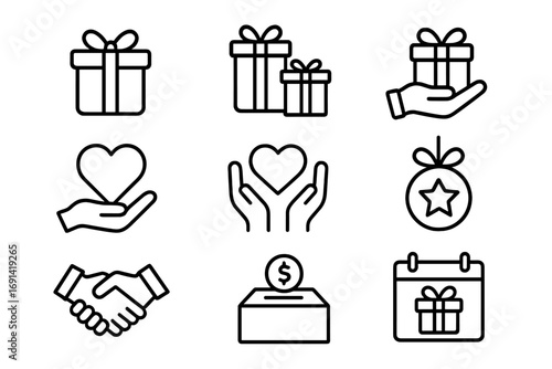 Gift and charity line icon set. Present, donation, love, support concepts. Outline pictographs for web and apps. Handshake, heart in hands, and giving a gift vector icons.