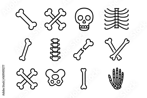 Bones outline icon set. Human skeleton anatomy. Vector cartoon illustration. Skull, spine, rib cage, broken bone, hand, pelvis. Editable stroke. Linear symbol collection.