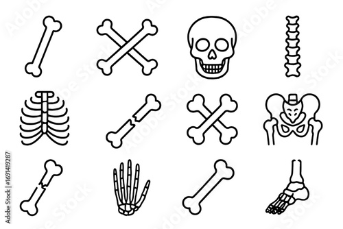 Set of human bone line icons. Skeletal system, anatomy, medical concepts. Vector illustration of skull, crossbones, rib cage, pelvis, spine, hand, foot, and broken bone fracture.
