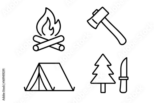 Camping and hiking outline icon set with bonfire, axe, tent, tree, and knife. Vector collection for outdoor adventure and survival concepts. Editable stroke line art symbols.