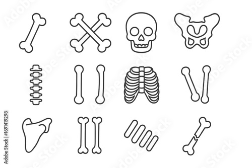 Human bones and skeleton simple line icon set. Medical anatomy vector collection. Orthopedics concept. Skull, spine, ribs, pelvis and fracture pictogram for web and apps.
