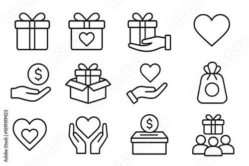 Gift, charity, and donation thin line icon set. Outline pictograms for giving, help, and love concepts. Symbols for fundraising, volunteering, support, and social projects.