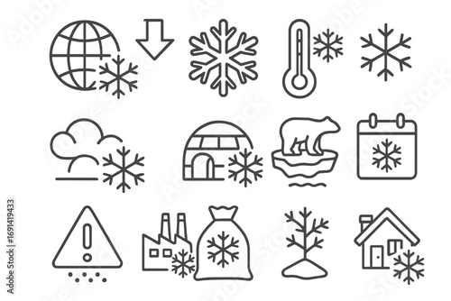 Global cooling and ice age line icon set. Winter weather, snow, and frost symbols. Climate change, freezing temperature, polar bear, and snowflake vector icons for web.