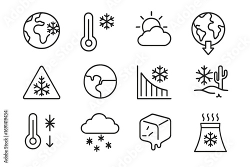 Global cooling line icon set. Climate change concept vector. Ice age, winter weather, snow, cold temperature drop, frost, and blizzard signs. Outline pictogram collection.