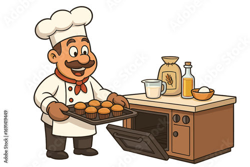 Happy cartoon chef character baking delicious cupcakes in the kitchen. Professional baker man holding tray with fresh muffins from the oven. Pastry cooking vector concept.