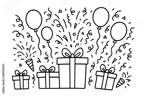 Celebration party background with gifts. Doodle surprise with gift box, balloon, confetti. Hand drawn line art vector illustration for birthday, holiday, anniversary.