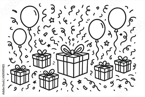 Doodle art celebration background. Hand drawn sketch of gift boxes, confetti and balloons. Surprise party, birthday or holiday event vector cartoon illustration set.