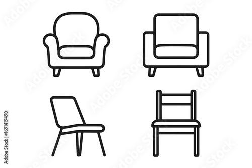 Chair and armchair furniture line icon set. Simple outline vector symbols for interior design, UI, web, and apps. Minimalist seat and sofa pictogram collection. Editable stroke.