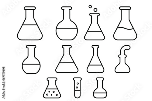 Laboratory flask and test tube line icon set. Vector outline symbols for chemistry, science, and research. Lab glassware for experiment, chemical reaction illustration.