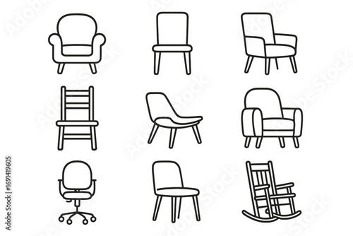 Furniture line icon set. Chair and armchair collection. Interior design elements. Office chair, rocking chair, stool, seat symbols. Vector pictogram pack for web and app.