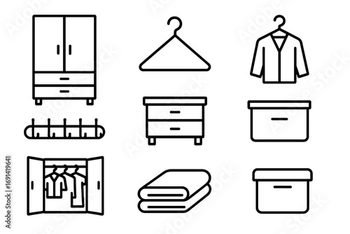 Closet organization thin line icon set. Wardrobe furniture, clothing storage, hanger, and drawer vector icons. Home interior outline pictogram collection. Editable stroke.