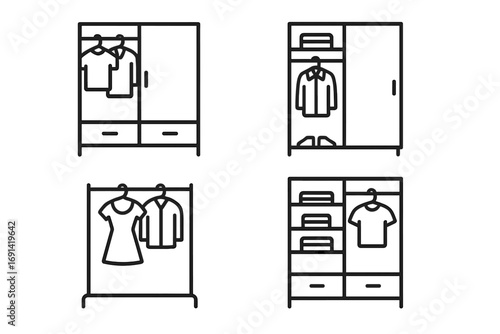 Closet and wardrobe thin line icon set. Clothing storage and organization symbols. Home furniture, apparel on hangers, tidy minimalist vector pictogram collection for web.