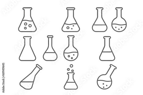 Laboratory flask and beaker thin line icon set. Chemistry, science, and biology lab equipment symbols. Vector outline illustration for experiment and chemical research.