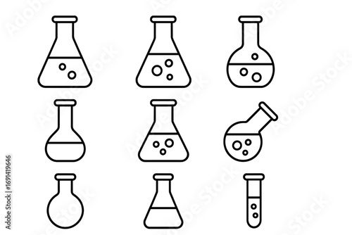Laboratory flask and test tube thin line icon set. Chemistry and science outline signs for web design and apps. Vector symbols for chemical experiment and research.