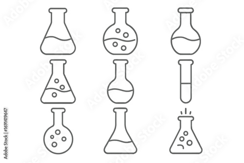 Laboratory flask and beaker thin line icon set. Chemistry glassware and test tube vector signs. Science experiment, research, analysis outline symbols for web design & apps.