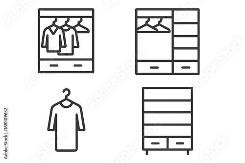 Closet and wardrobe thin line icon set. Home furniture collection for clothes storage and organization. Vector symbols of dresser, hanger, and shirt for web and apps.