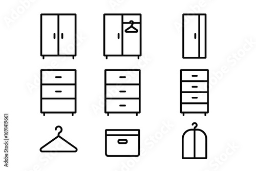 Closet furniture and storage icon set. Thin line vector illustrations of wardrobe, dresser, chest of drawers, hanger, and garment bag. Editable stroke icons for home organization.